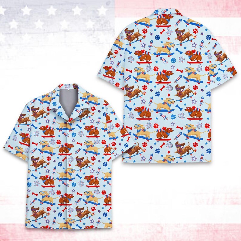 4th Of July Dog Patriotic Skateboarding Fireworks Aloha Summer Hawaiian Shirt V1