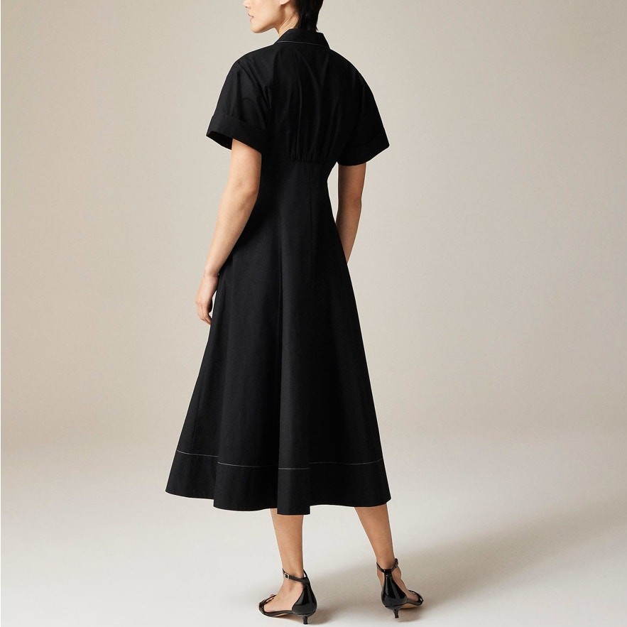 J.Crew Zip Up Shirtdress Womens 6 Black Midi Short Sleeve A-Lined Cotton Poplin