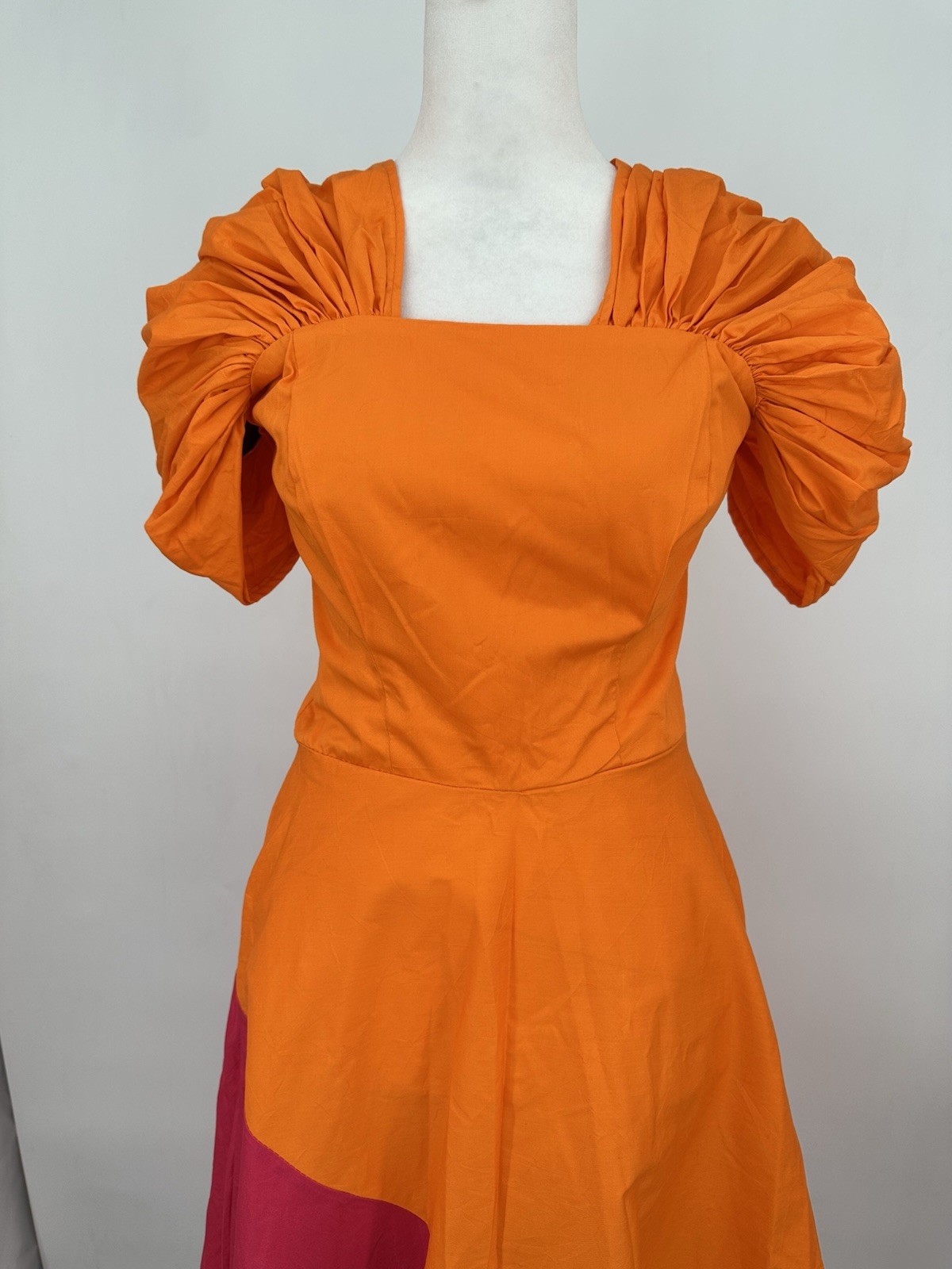 Colorblock Midi Dress Sz 6 Orange Pink Puff Slv Square Neck Dopamine Statement