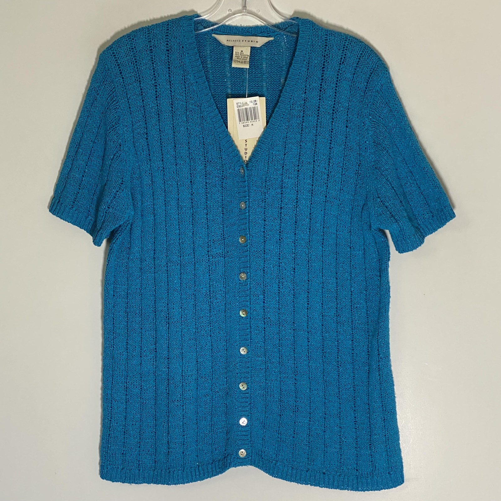 Melrose Studio Cardigan Sweater Womens Medium Blue Open Knit Button Front