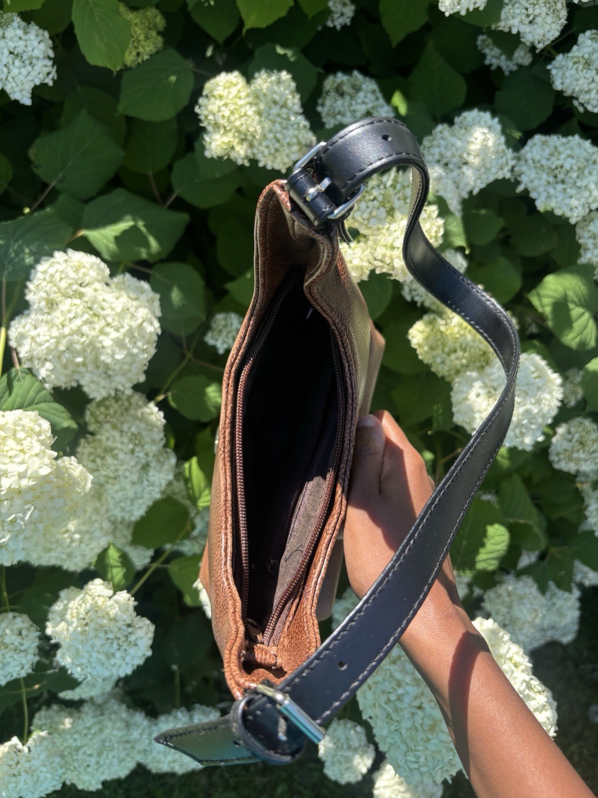 Women’s Brown Solid Crescent Shoulder Bag Black Strap Silver Buckle Accent