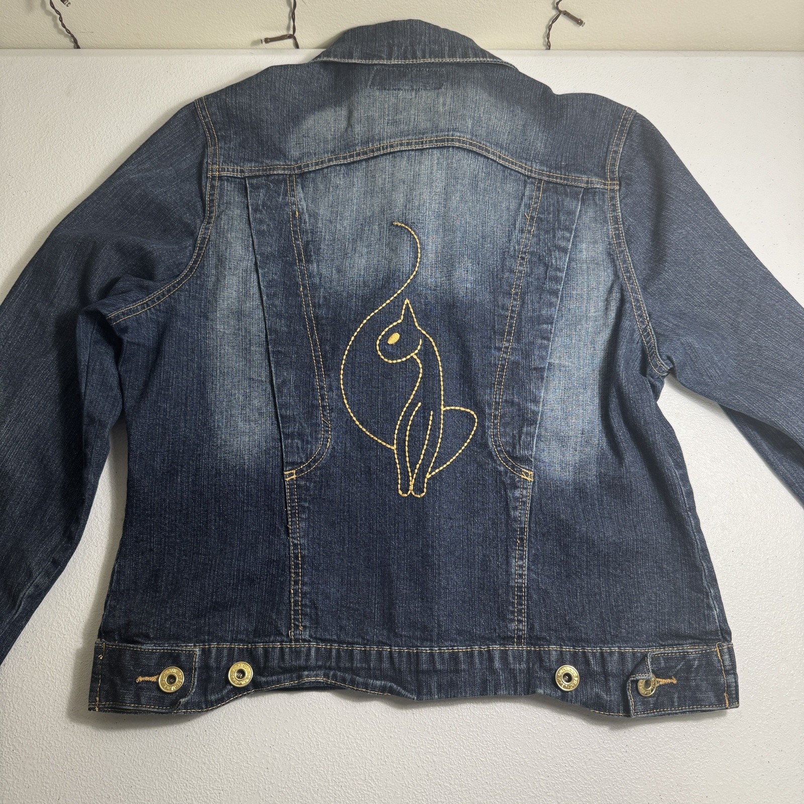 Vintage Y2K Baby Phat Women’s Blue Jean Jacket Gold Embroidered Cat Logo Size M