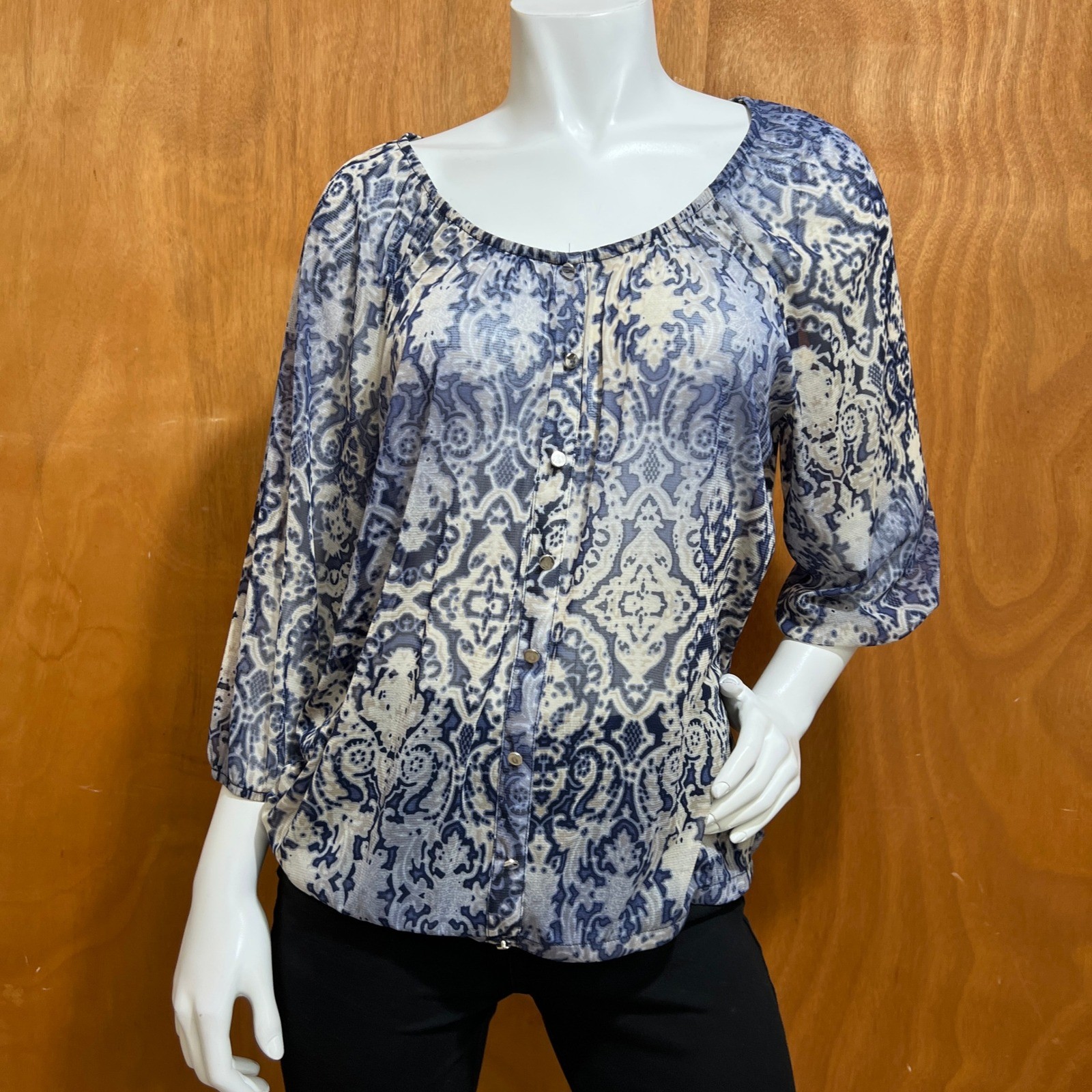 INC International Concepts Mesh Blouse XL Blue Gray Damask Paisley 3/4 Sleeve
