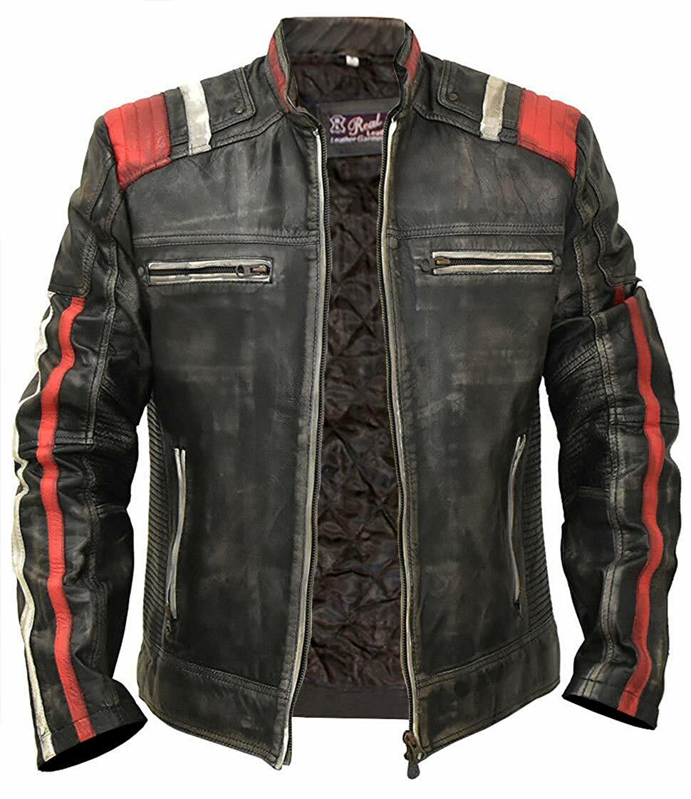 Men Moto Jacket Cafe Racer Vintage Retro Distressed Biker Black Leather Jacket