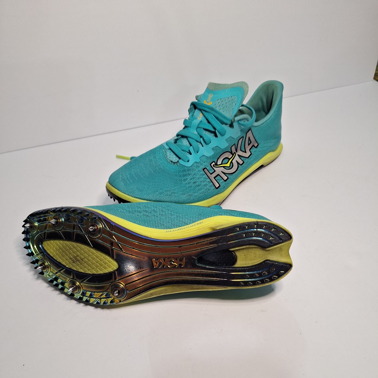 Hoka Cielo X MD track shoes w/spikes, Mens 5.5 Women’s 7 Blue Green carbon fiber