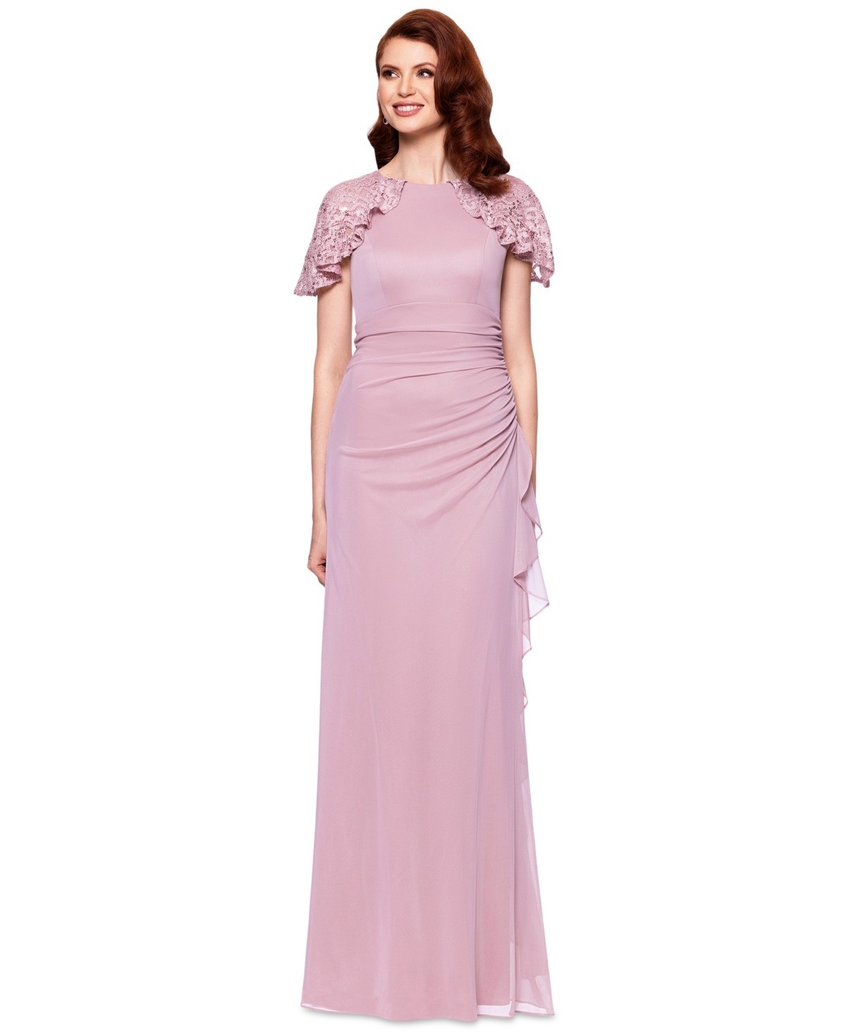 Betsy & Adam Draped Gown Lace Flutter Sleeve Ruched Ruffled Rose Pink Size 12