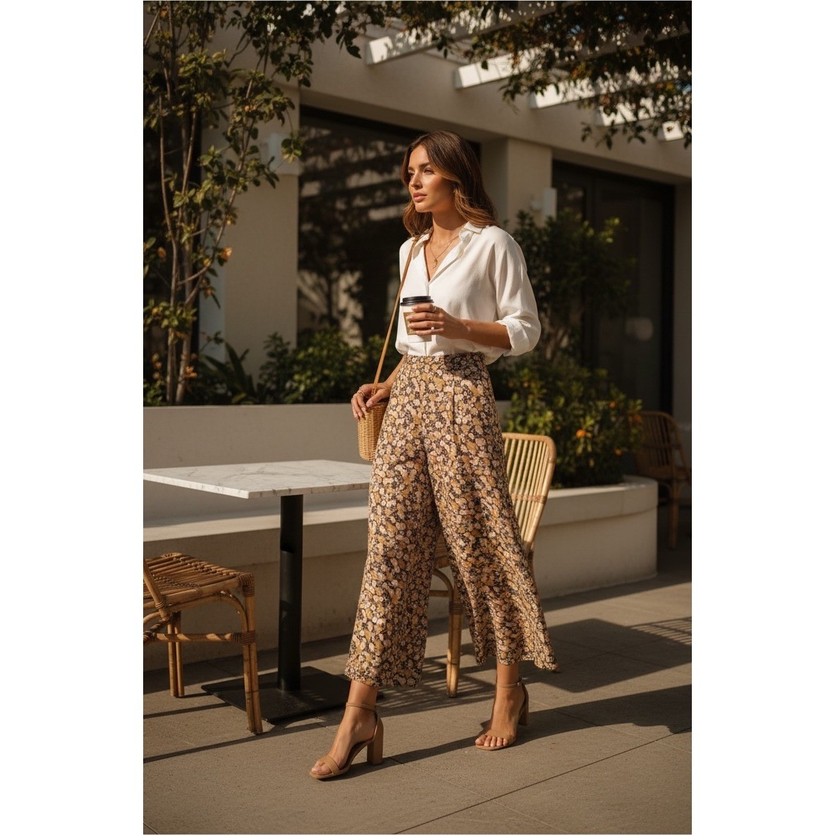 High Waisted Floral Wide Leg Crop Pants Flowy Culottes Mustard Pink Multi