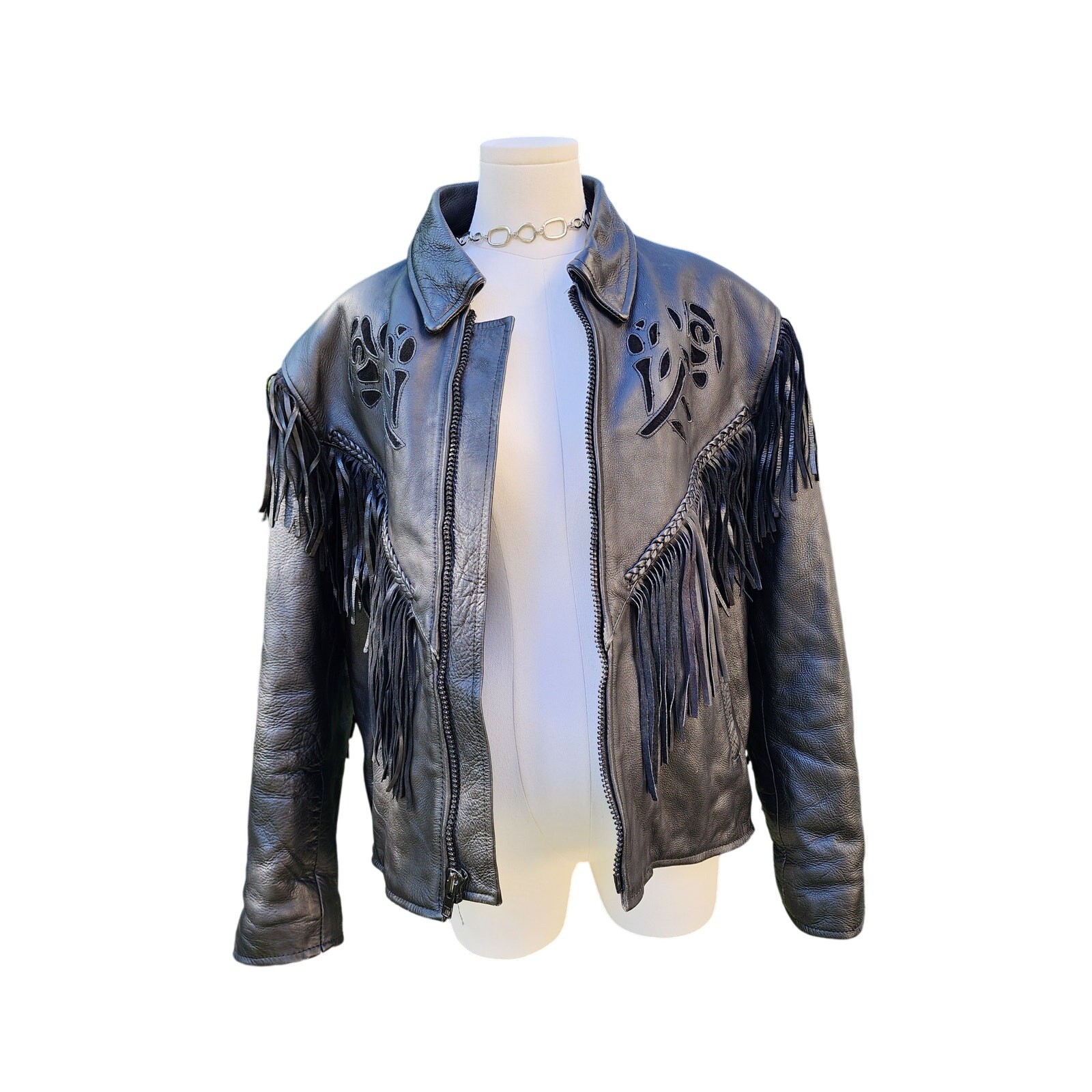 Vtg 90s Shaf Leather Fringe Biker Rose Punk Rock Motorcycle Gypsy Moto Jacket XL