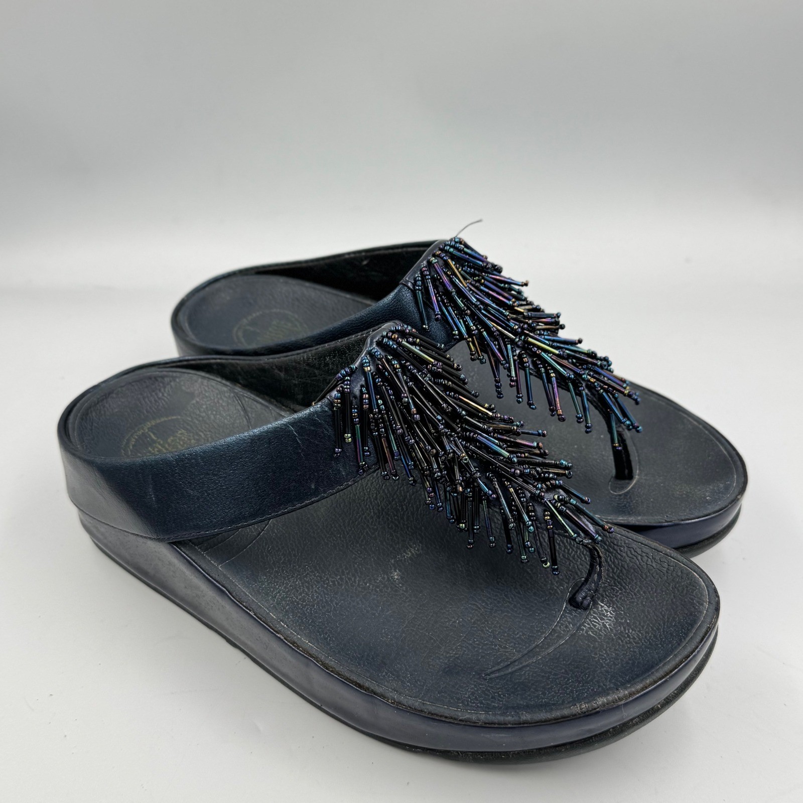 FitFlop Sandals Women 6 Navy Blue Beaded Fringe Microwobbleboard 336-128