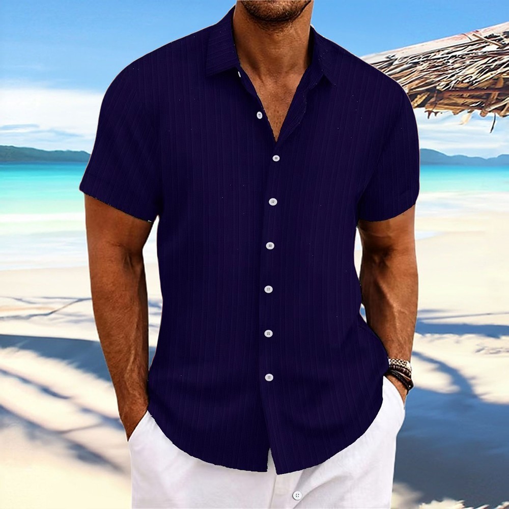 2025 Men Striped Button Down T Shirts Grandad Summer Short Sleeve Casual Tops