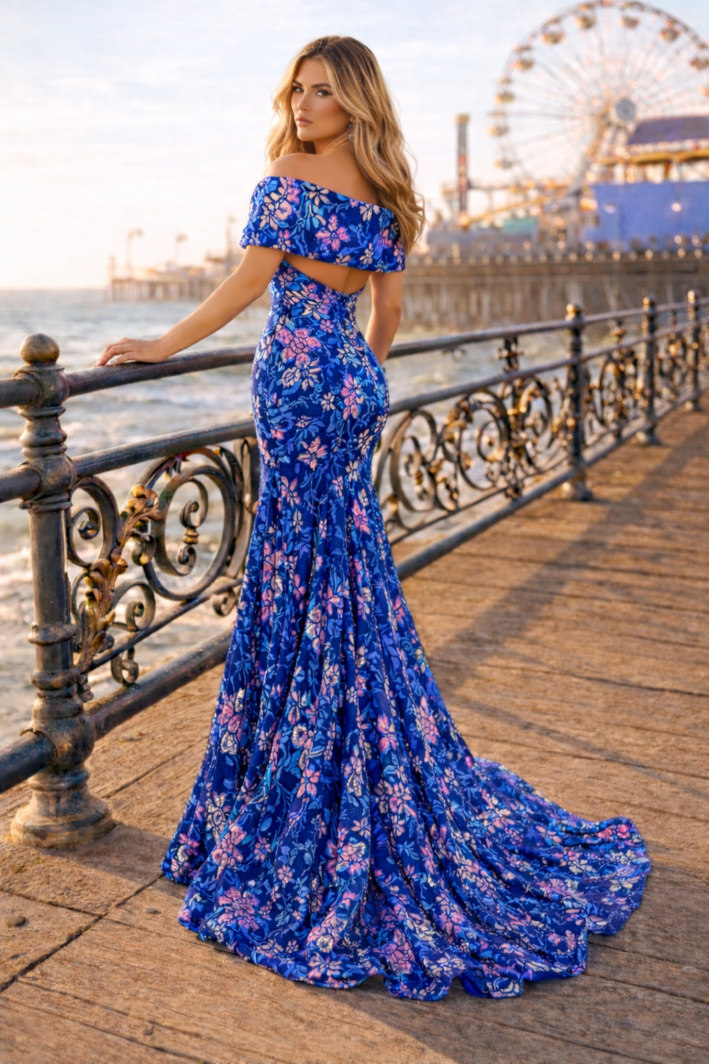 Long Blue Multi Color Floral Embroidered Sequin Fit And Flare Prom Dress Size 6