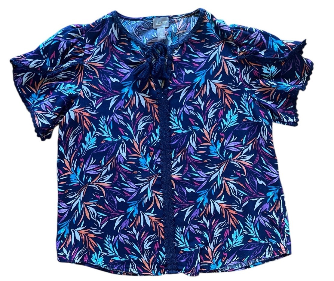 Chicos Cotton Navy Blue &Leaves Print Blouse Crochet Trim Drawstring Tassel Sz 1