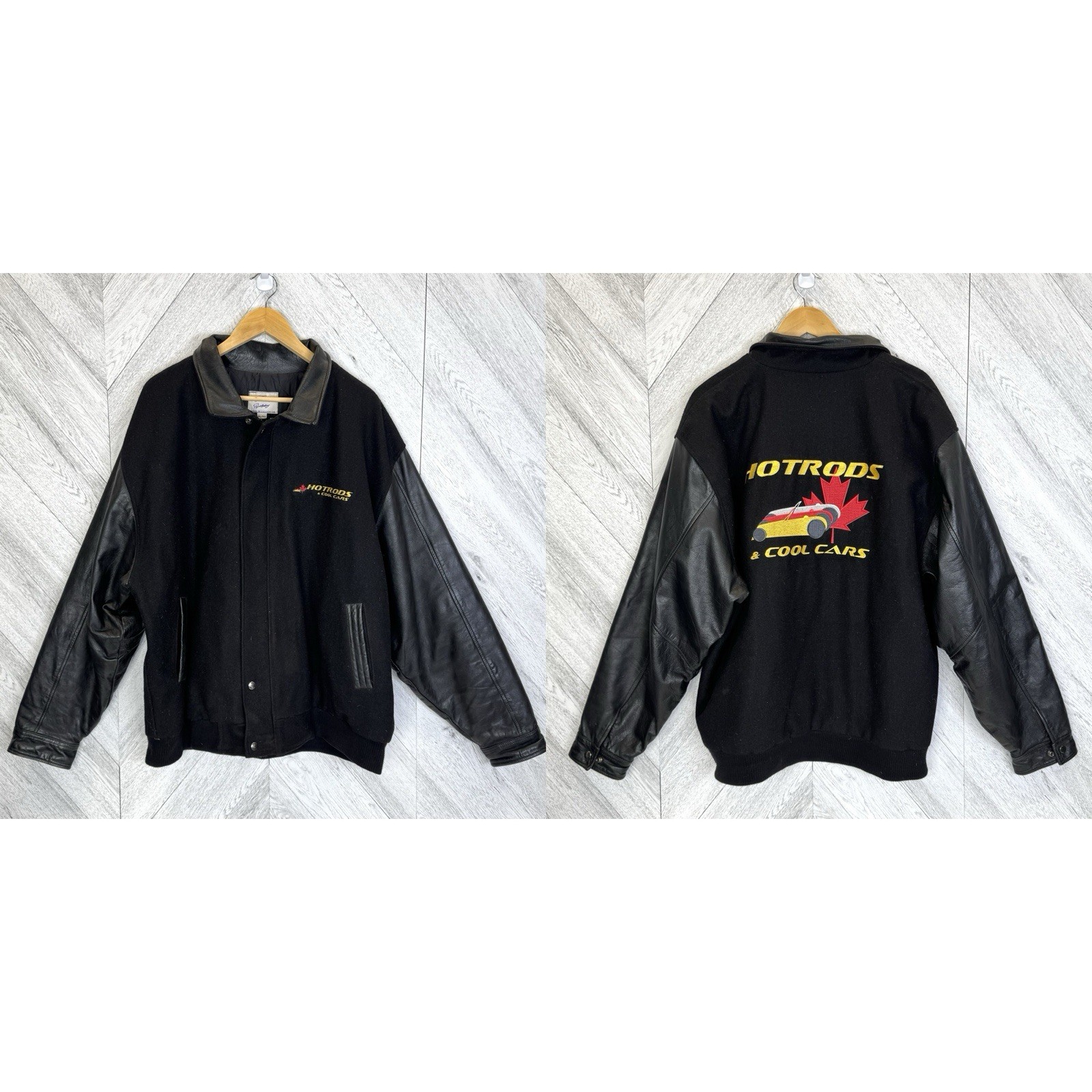 Vintage Hot Rods & Cool Cars Wool Leather Varsity Jacket Black Mens Size XL