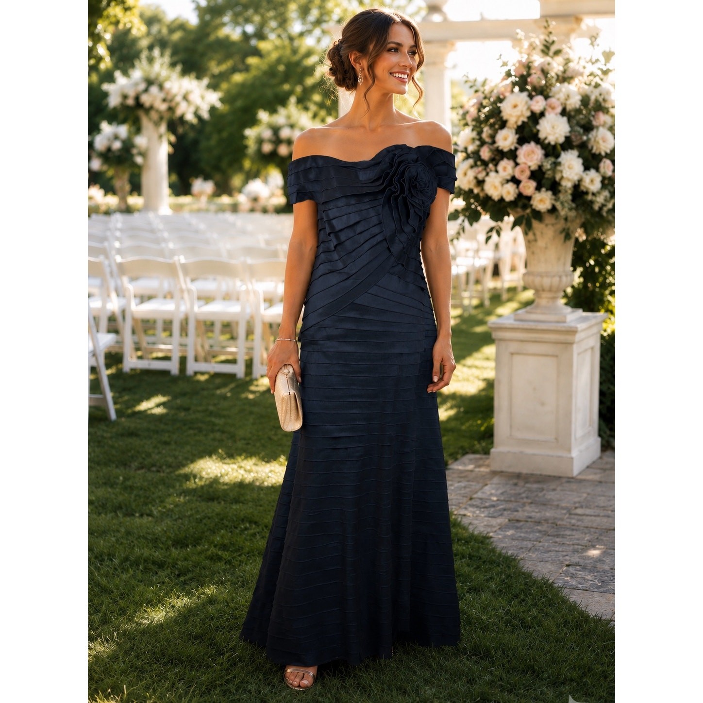 Tadashi Shoji Navy Blue Pleated Taffeta Off Shoulder Gown with Rosette Size 16