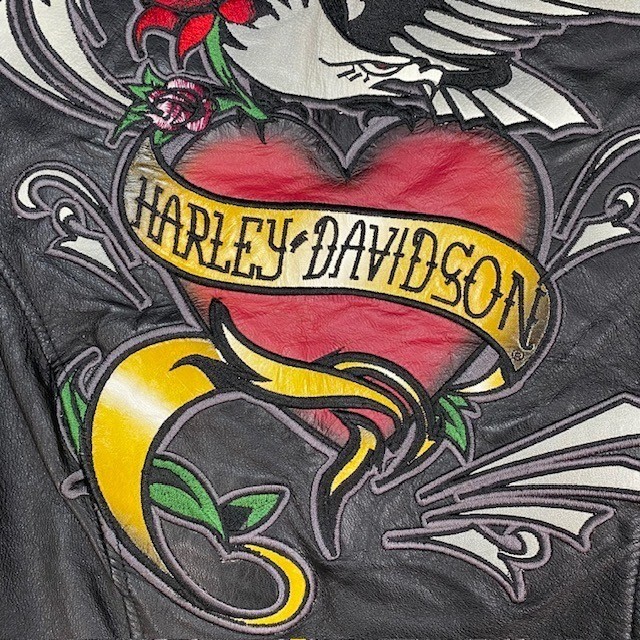 Harley Davidson Womens XL Black Leather Vest Eagle Heart Graphic Snap Front Moto