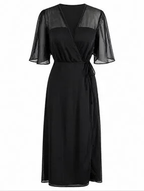 Boohoo NWT Sheer Sleeve Wrap Maxi Dress – Black, Size 6