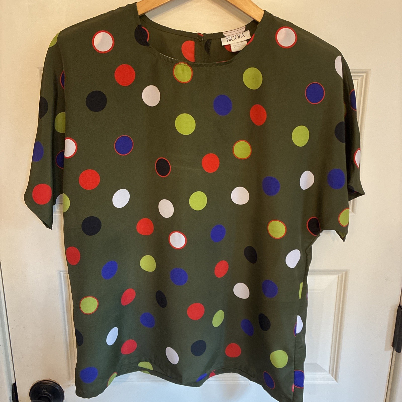 Vintage Dotted Blouse Olive Green Red Blue Lime Nicola Large Shoulder Pass