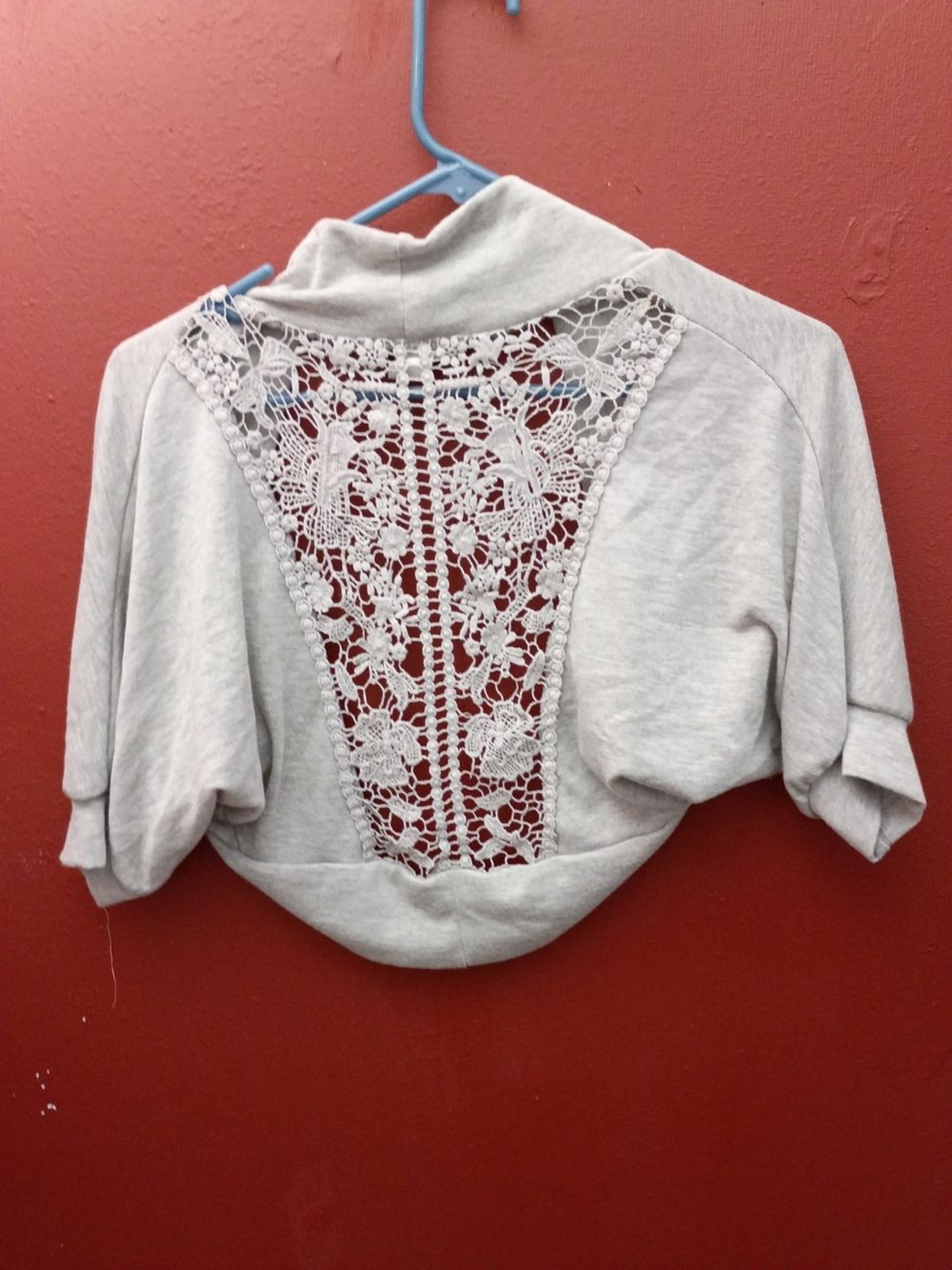 Rue21 Light Gray Crochet-Back Cropped Shrug