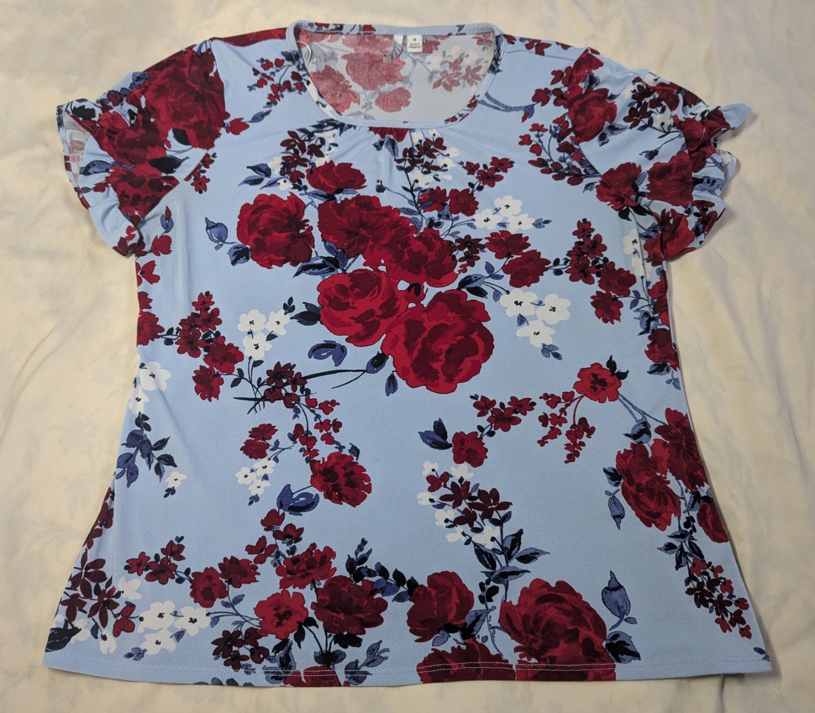 Elle Women’s Medium Blue Burgundy Floral Short Sleeve Stretch Blouse Top M