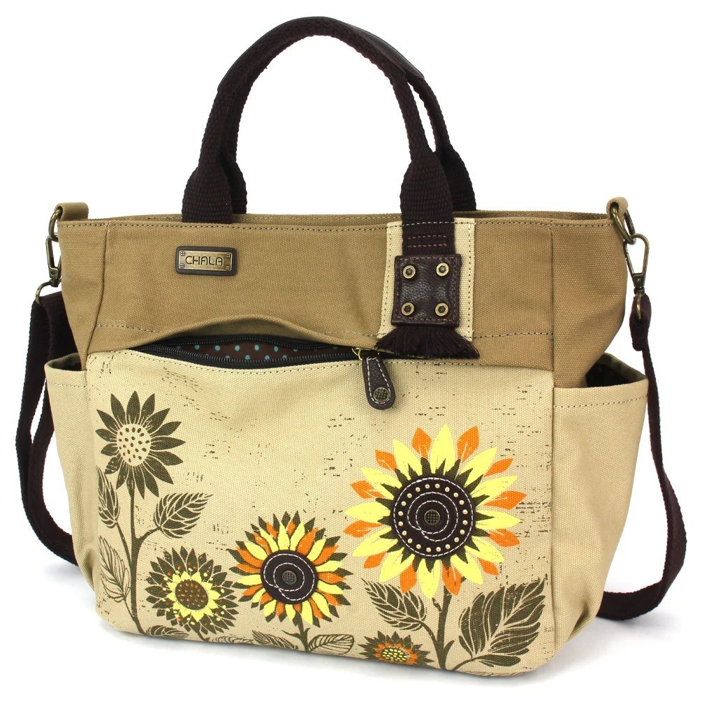 CHALA SUNFLOWER Canvas Print Pocket Tote Detachable Crossbody Strap (Sand) NWT