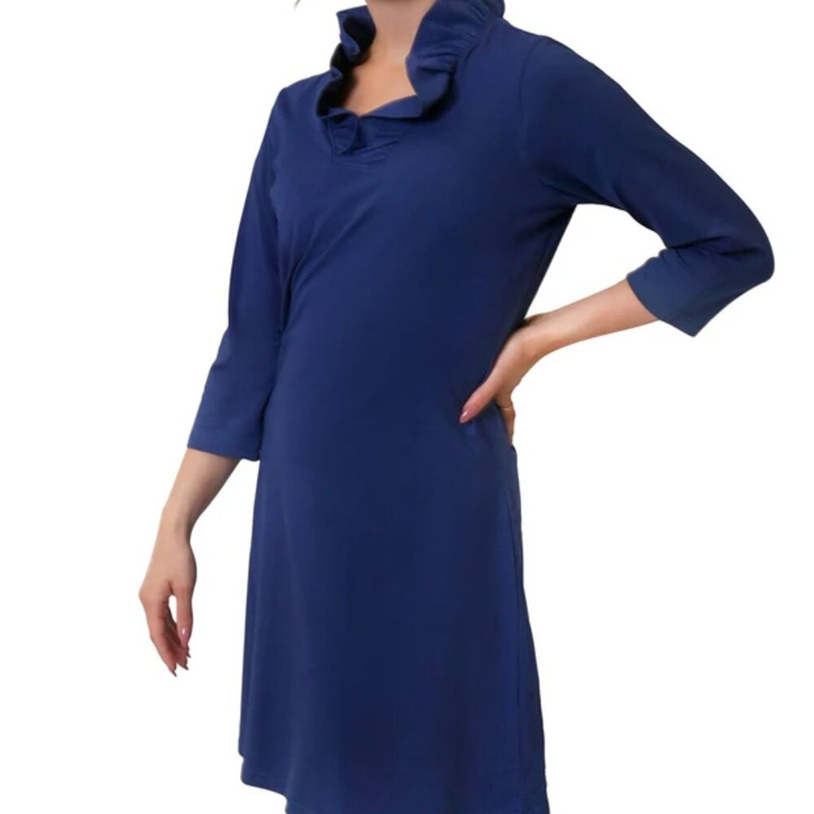 NWT Ana Clare Sophia Ruffle Neck Dress Navy XS