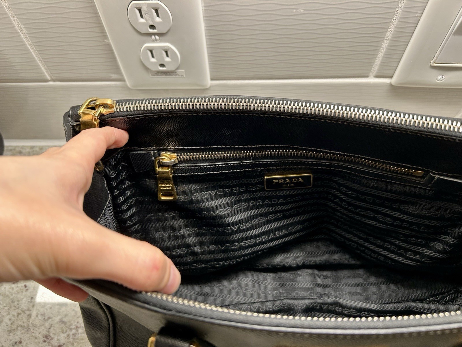 PRADA Black Galleria Saffiano Leather Top Handle Bag w/ Adjustable Strap, Gold