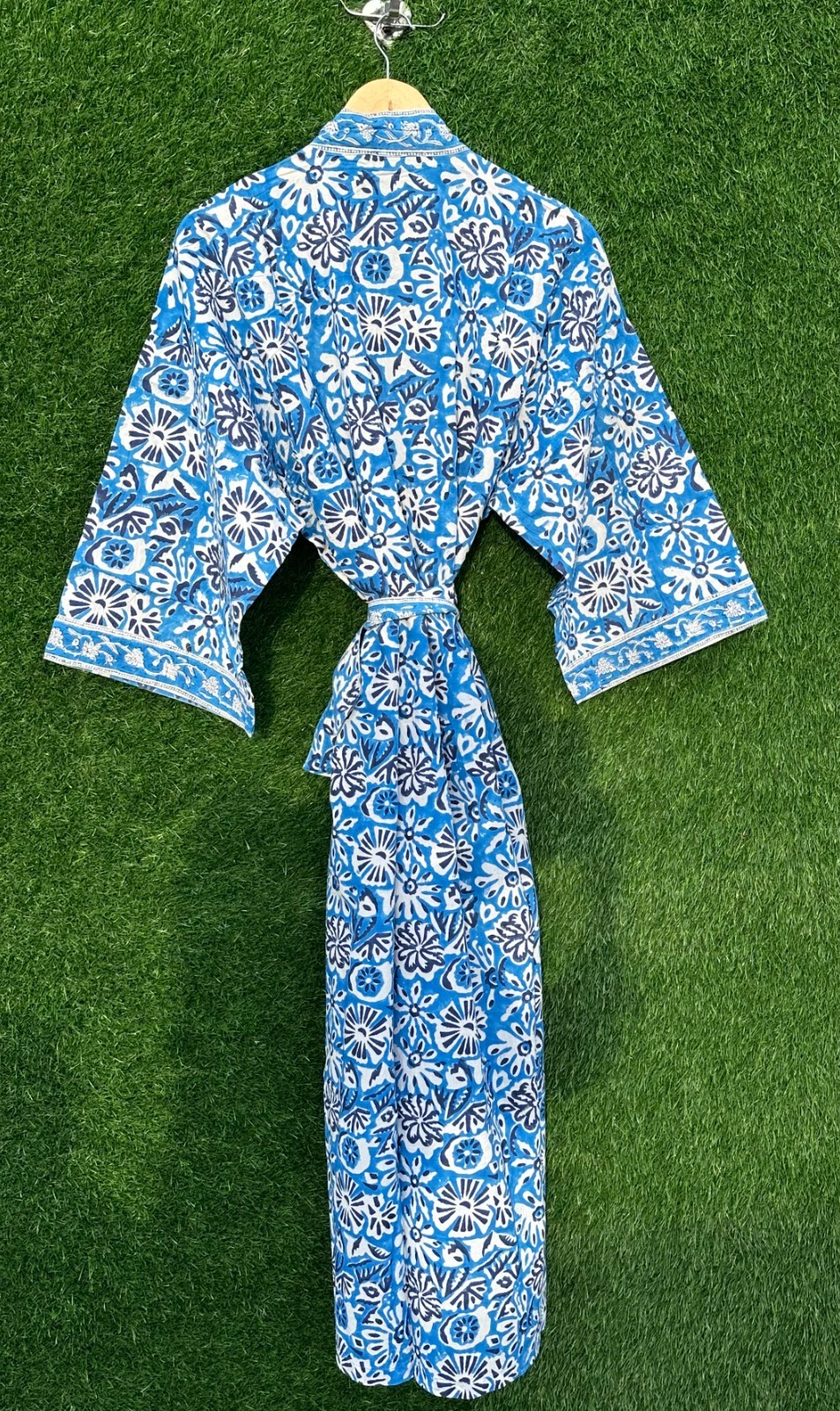 Women’s Cotton Kimono Robe Blue Floral hand block Print Dressing Boho Bathrobes