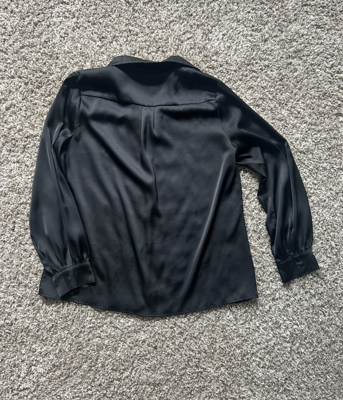 Grace Karin Black Satin Long-Sleeve Women’s Blouse V-Neck Collared Size Large