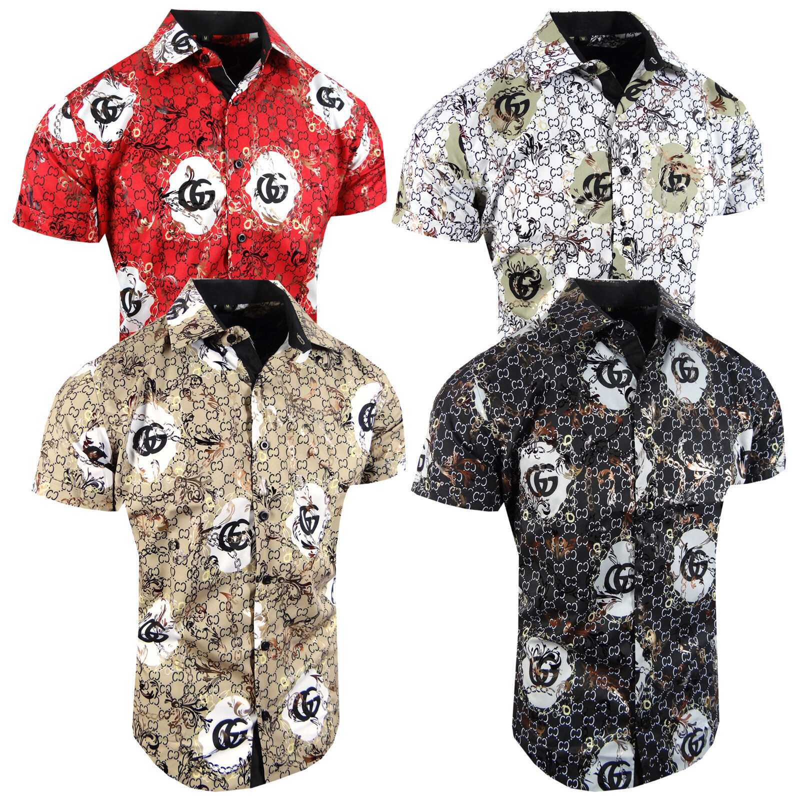 Mens Short Sleeve Shirt Italian Logo Gold Foil Floral Flip-Cuff Stretch Slim Fit