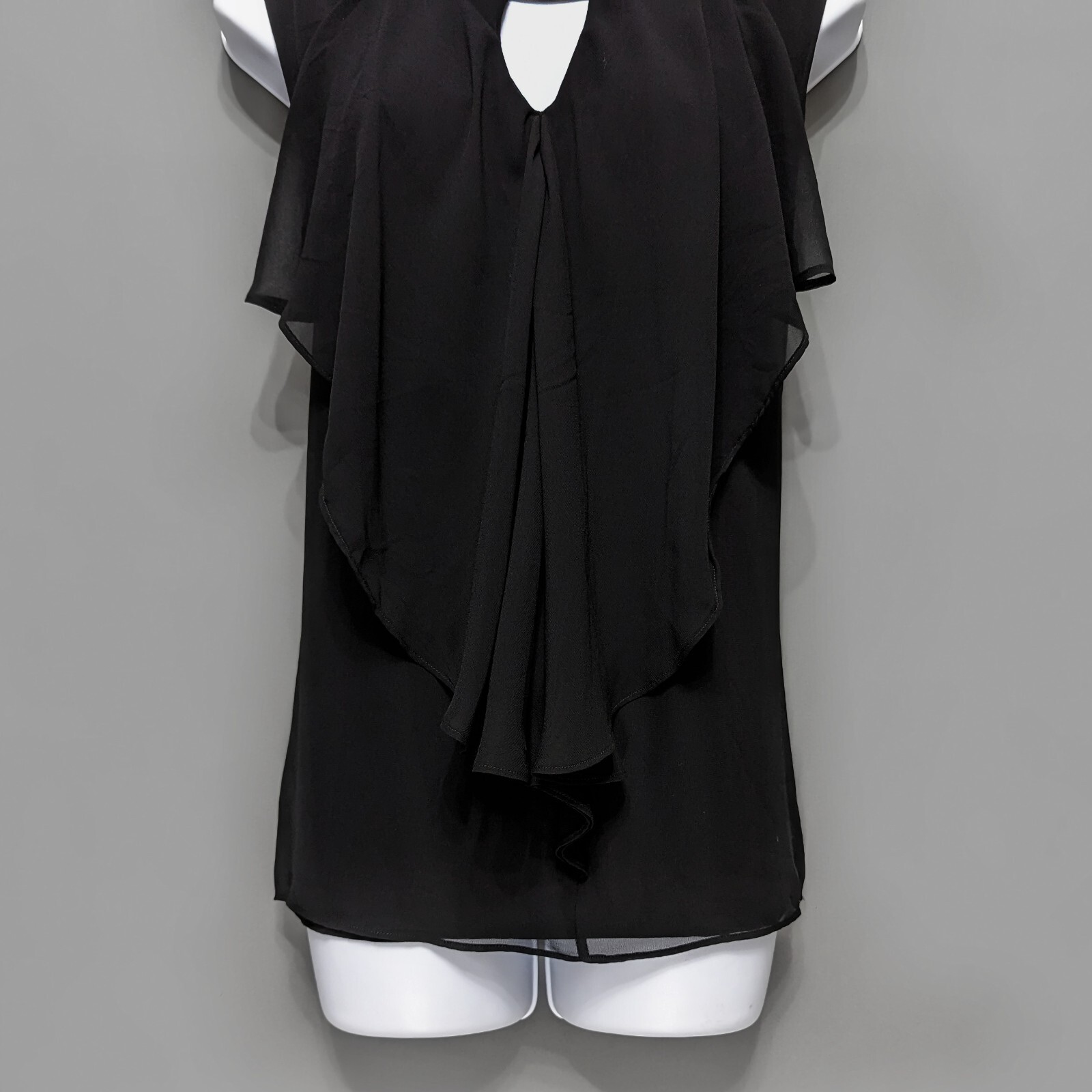 NY&Co Black Jersey Draped Chiffon Front Layer Top Metal Bar Keyhole Neck L