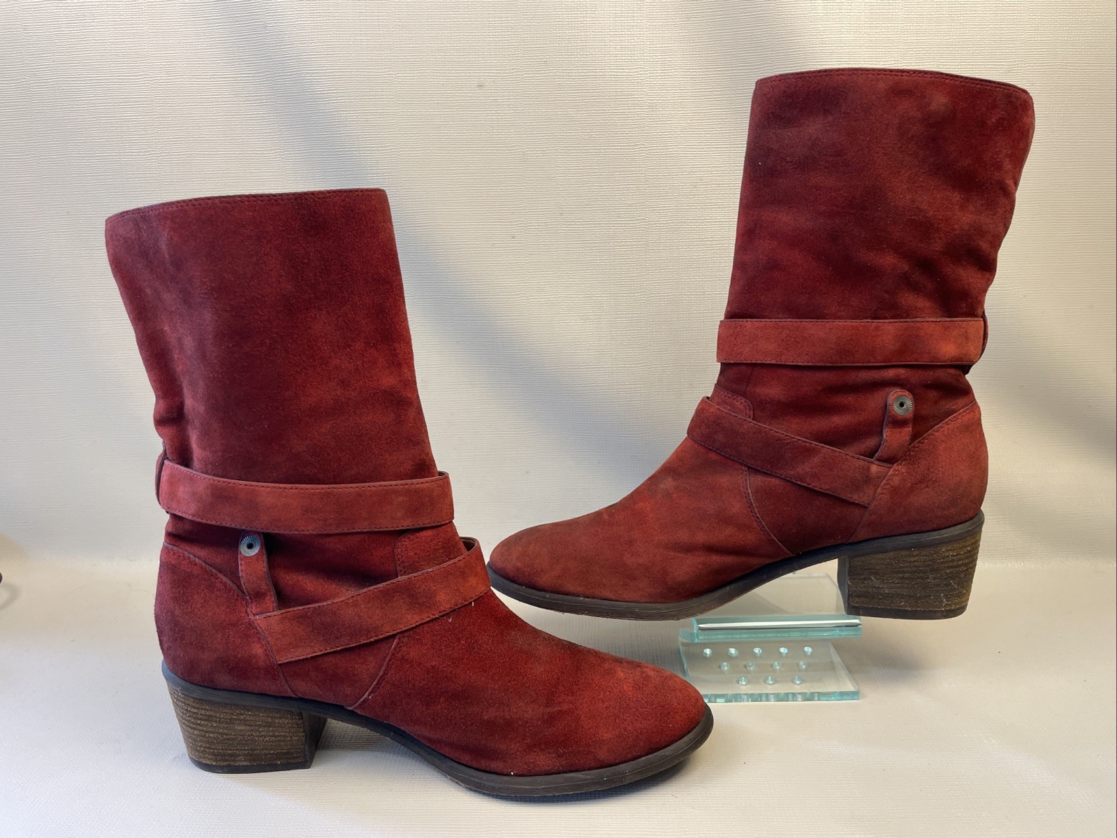 Donald J Pliner Moto Boot Size 10 M Mid Calf Distressed Red Suede Buckle Foldup