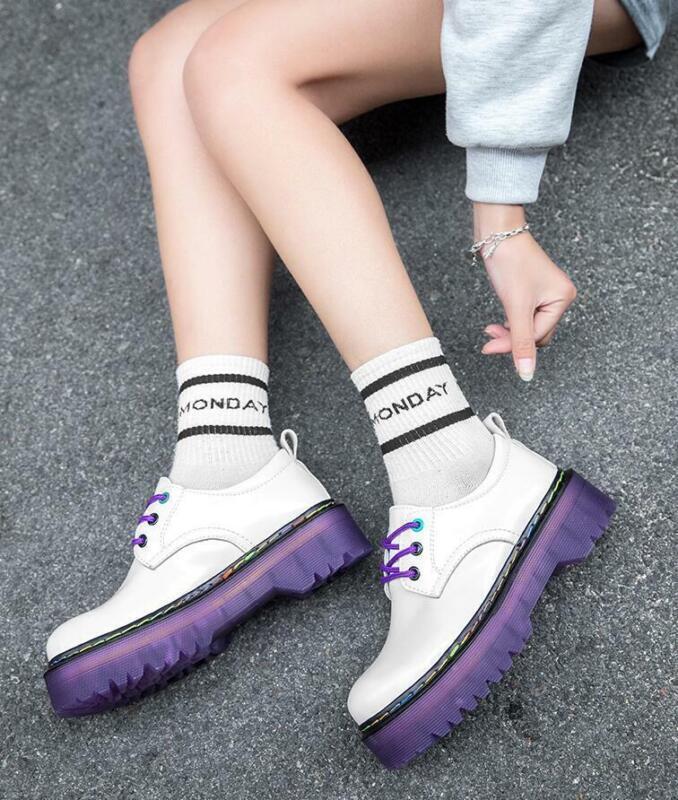 Women’s Round Toe Platform Creeper Lace Up Low Heel Casual Shoes Thick Sole New