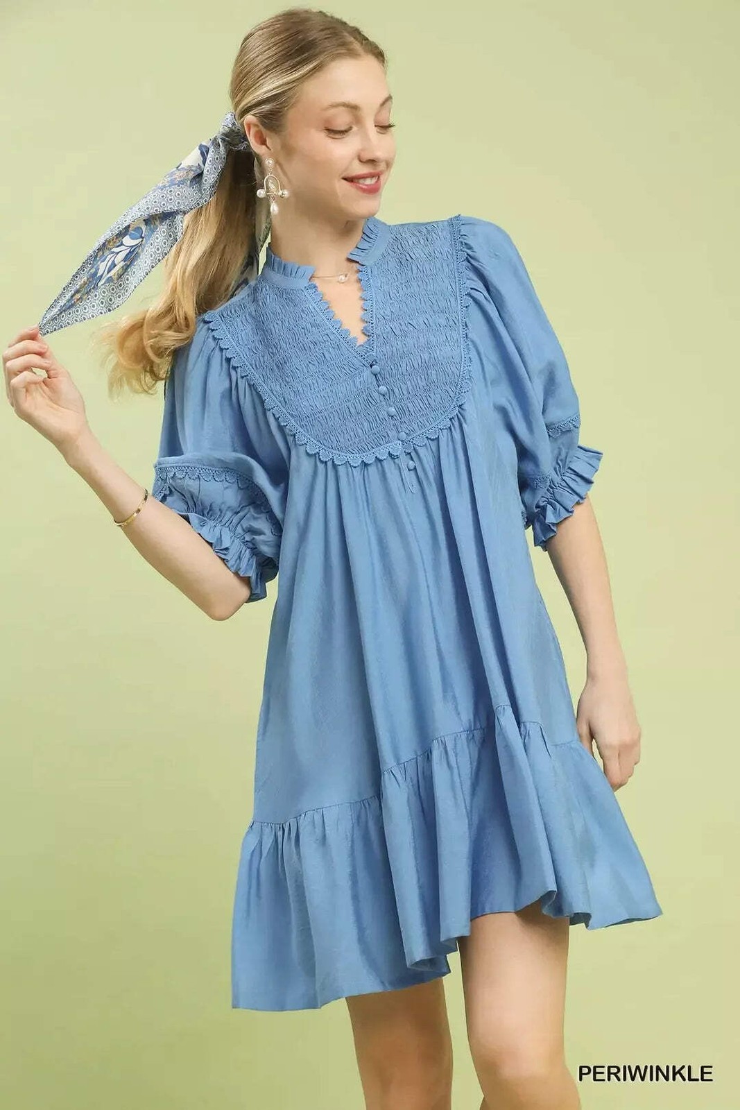 Umgee Rayon Blue Smocked Bib Puff Sleeve Ruffle Hem Babydoll Mini Tiered Dress