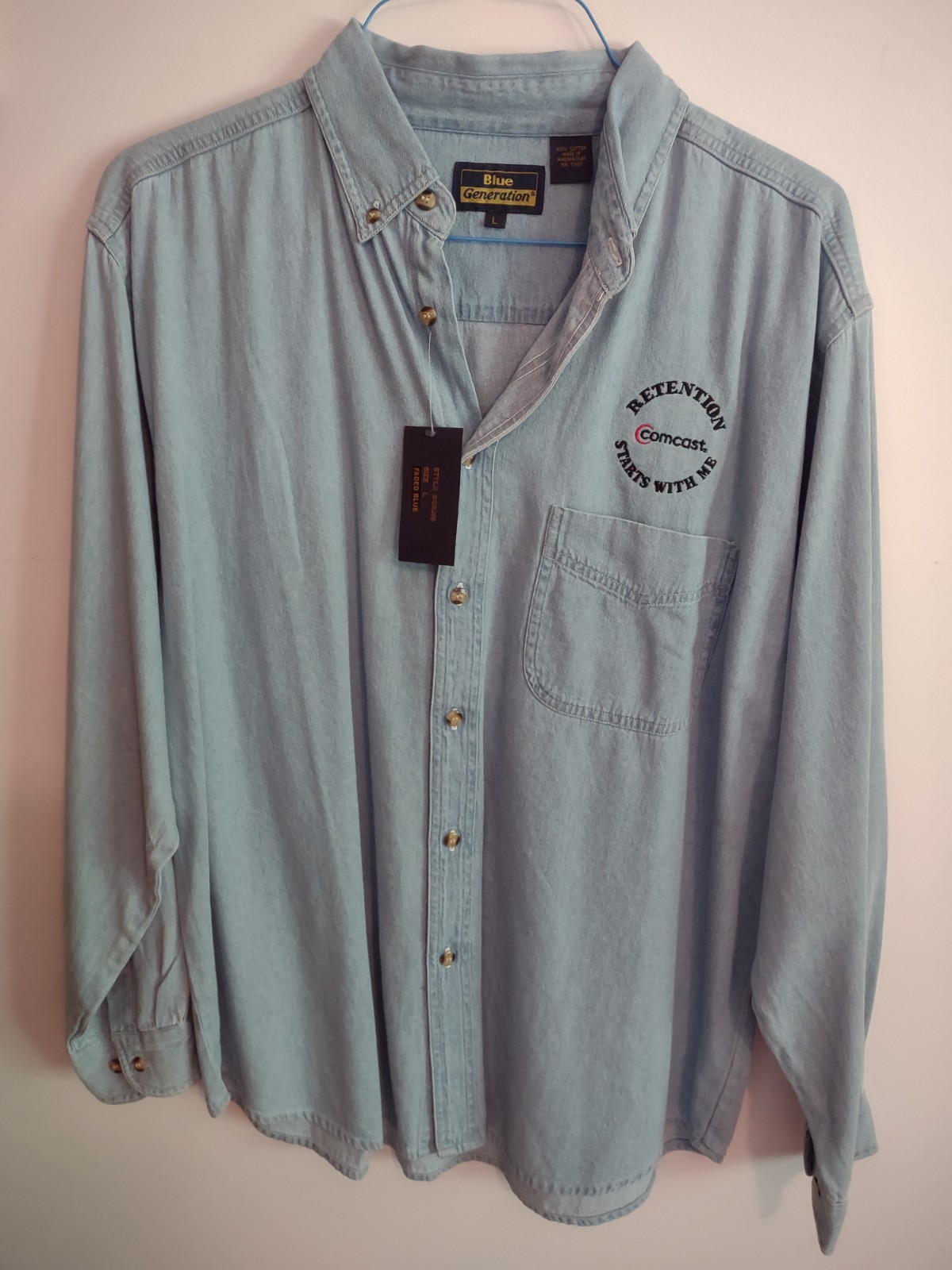 Blue Generation Shirt Men’s Blue Denim 100% Cotton Button Down New Lrg Comcast