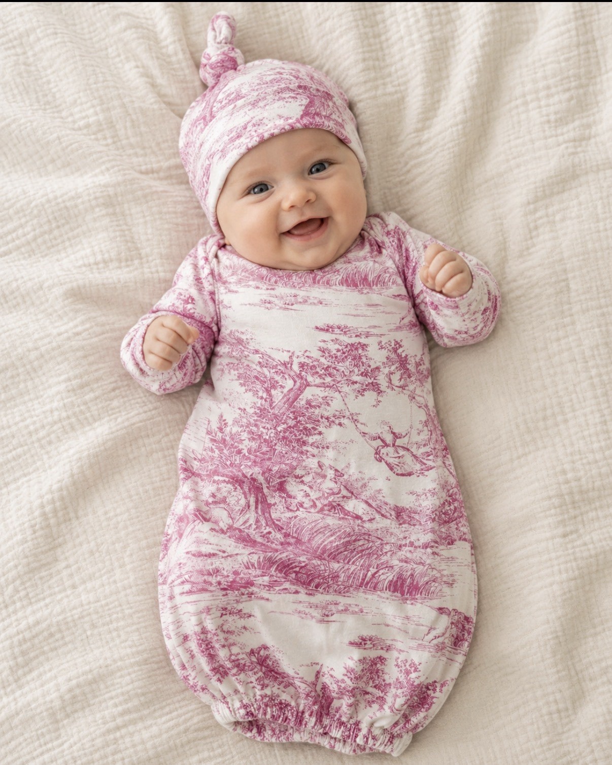 BARN ORGANICS 100% ORGANIC COTTON TOILE BABY OUTFIT AND MATCHING HAT O/S