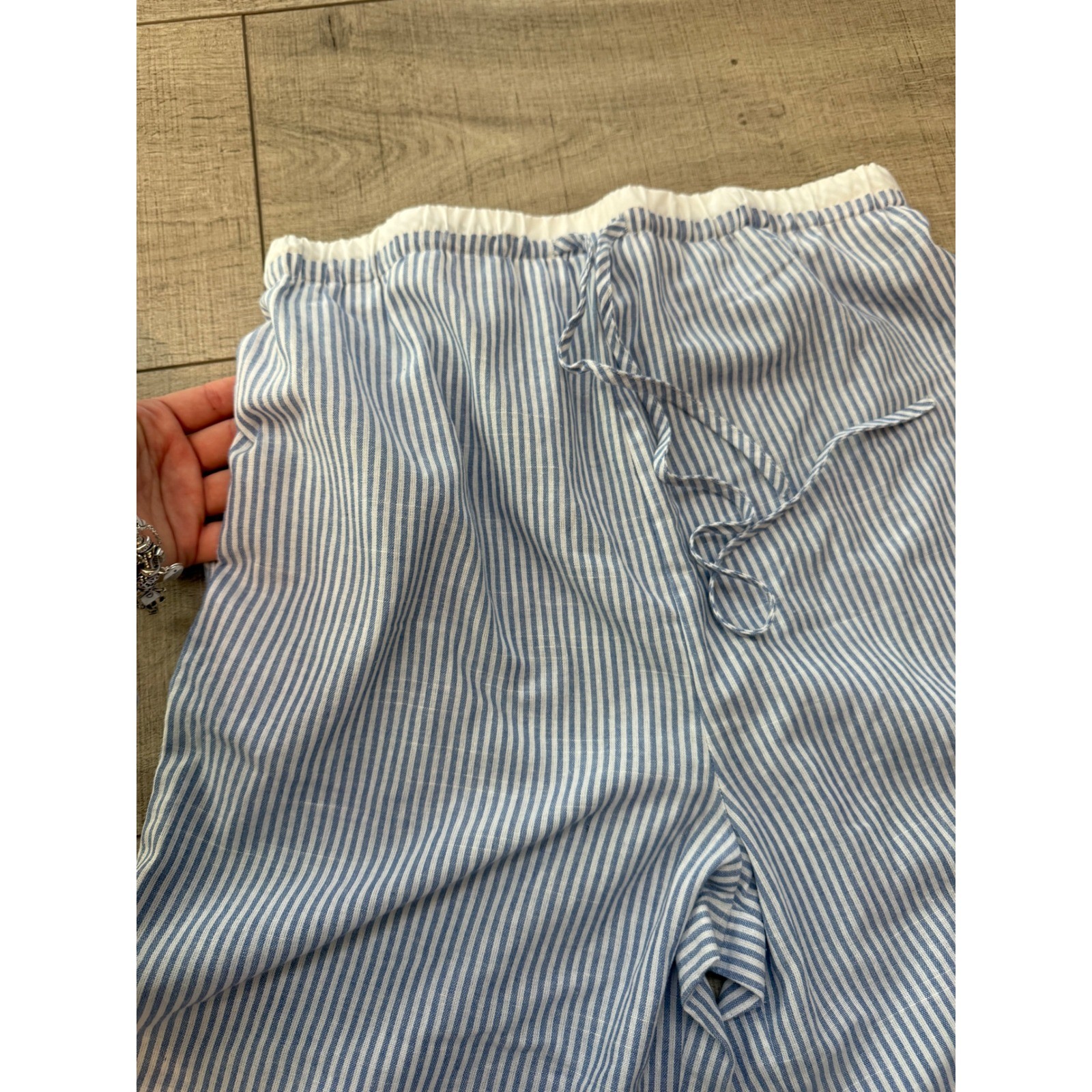 Blue White Striped Wide Leg Drawstring Waist Casual Pants Women Small