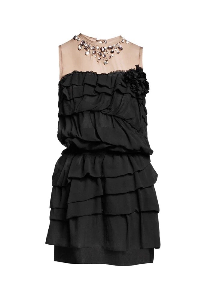 Lanvin For H&M Black and Beige Embellished Ruffle Silk Dress 6 NWOT