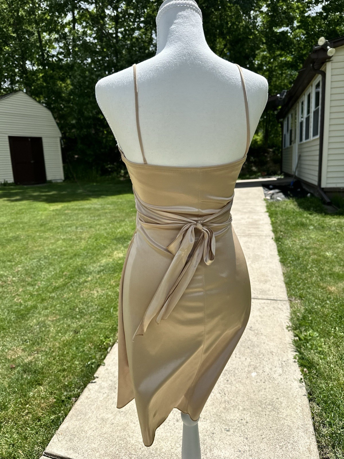 Taboo Gold Sequin Beaded V-Neck Spaghetti Strap Knee Length Dress S