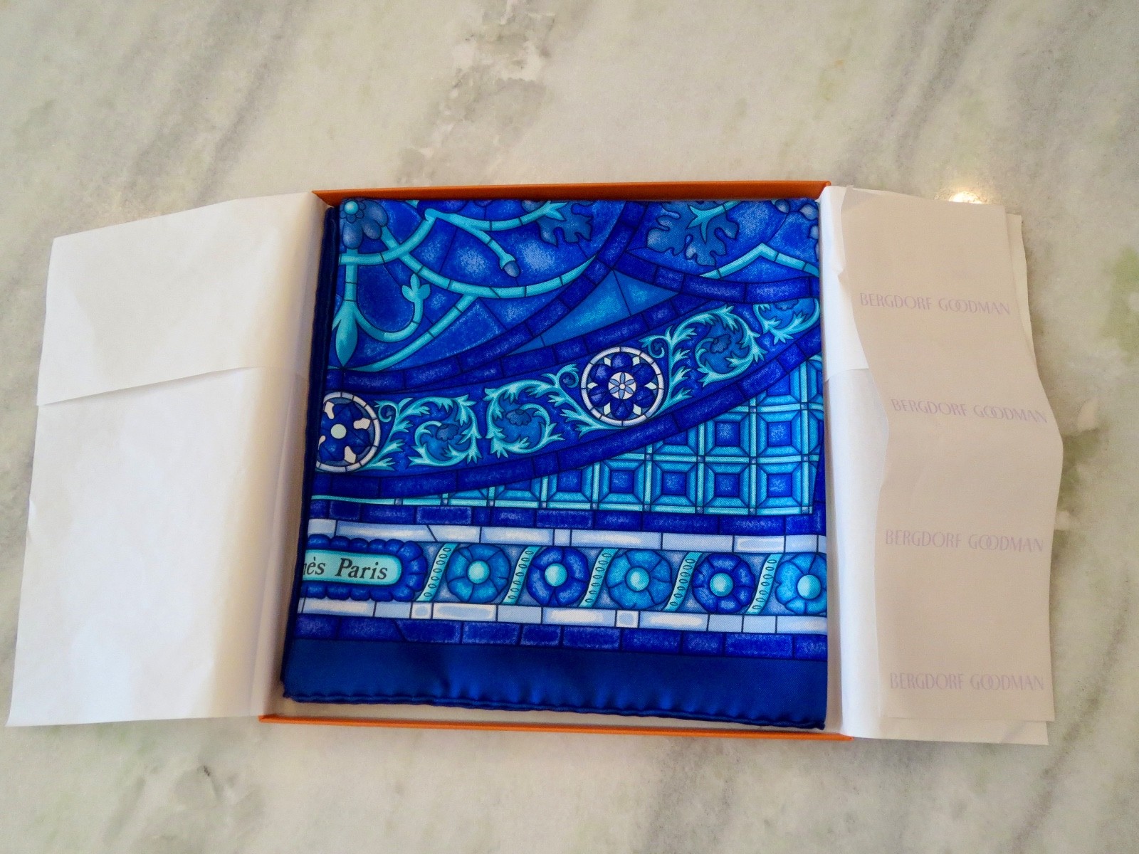 New in Box HERMES SCARF “Lumieres de Paris” Bright Blue Square Scarf 35″