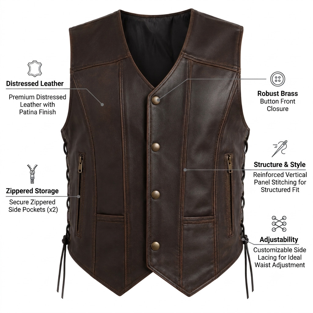 Men’s Distressed Brown Leather Biker Vest – Vintage Motorcycle Western Waistcoat