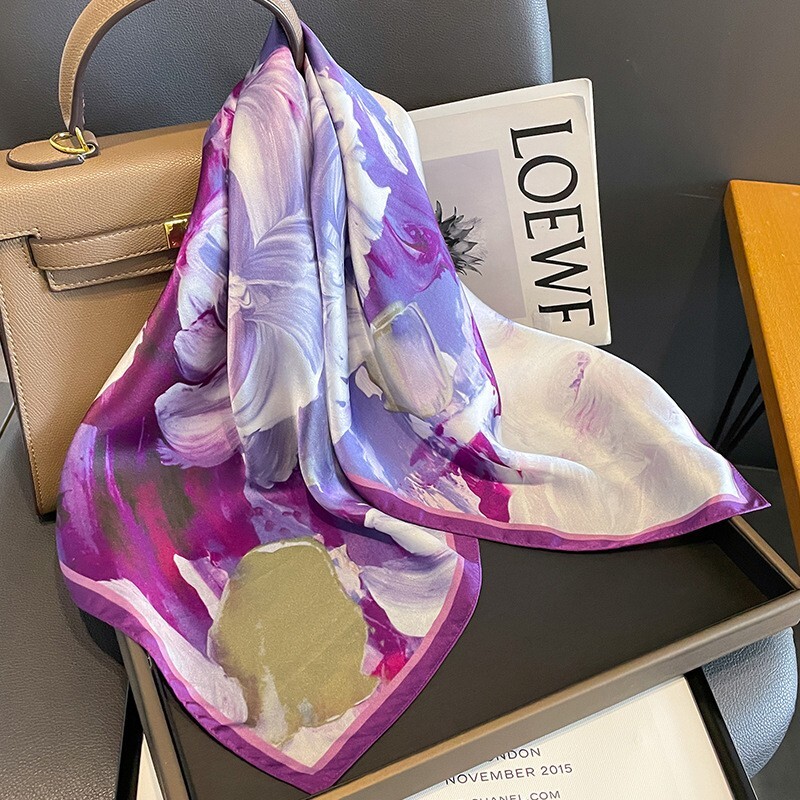 100% Mulberry Silk 27″ Square Scarf Women Vintage Neckerchief Wrap Purple Flower