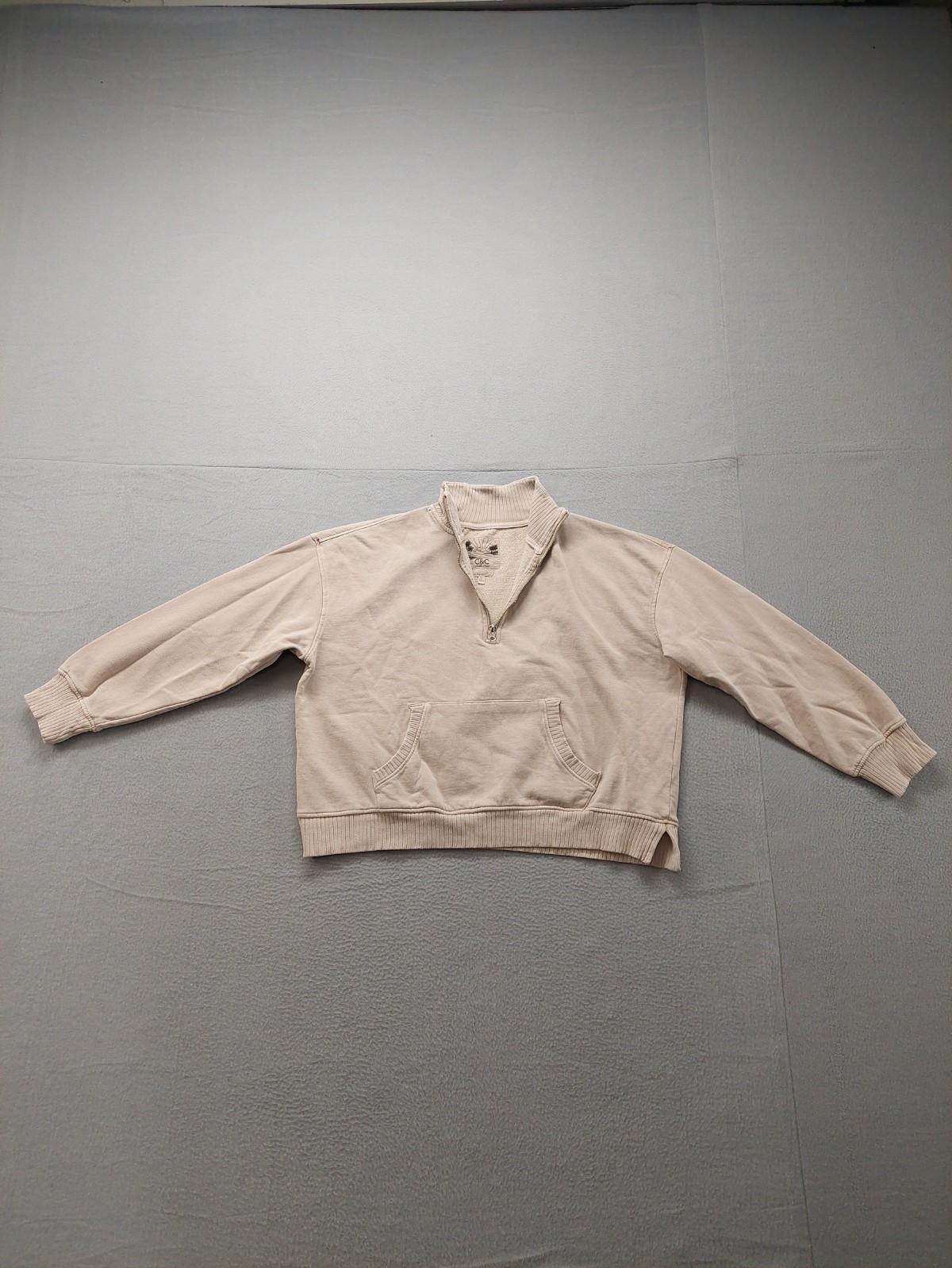 C&C California Women Sweatshirt L Beige Mock Neck 1/2 Zip Kangaroo Pocket Casual