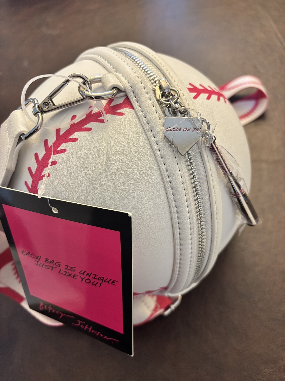 Betsey Johnson Kitsch Hit Me Up White Large Crossbody Bag Baseball NWT