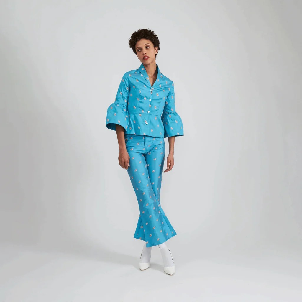 Batsheva Blue Lips Kiss Lawyer Cropped Flared Pants & Jacket Suit SET 0/4
