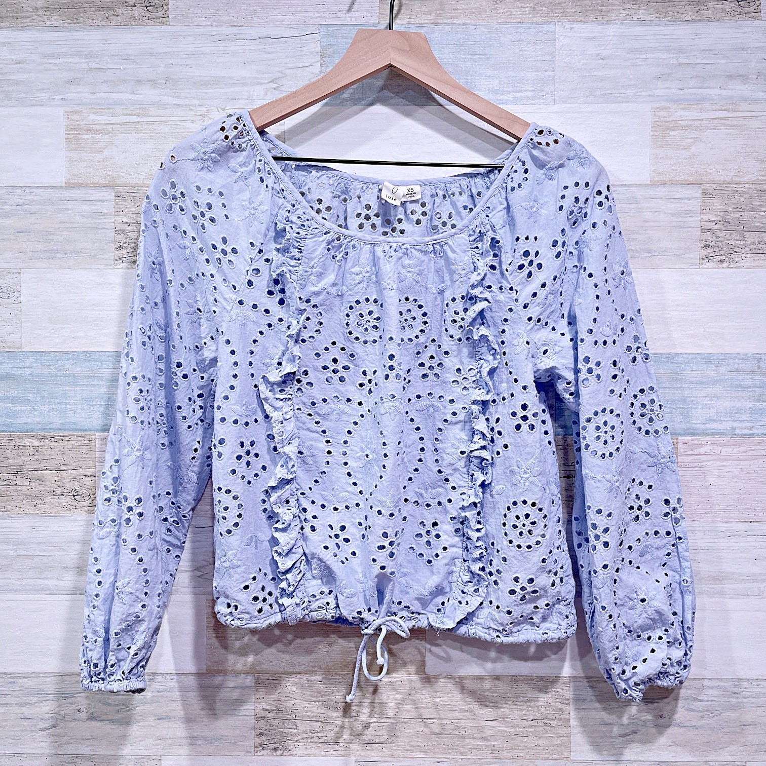 JOIE Ruffle Embroidered Drawstring Hem Blouse Blue Puff Sleeve Cotton Womens XS