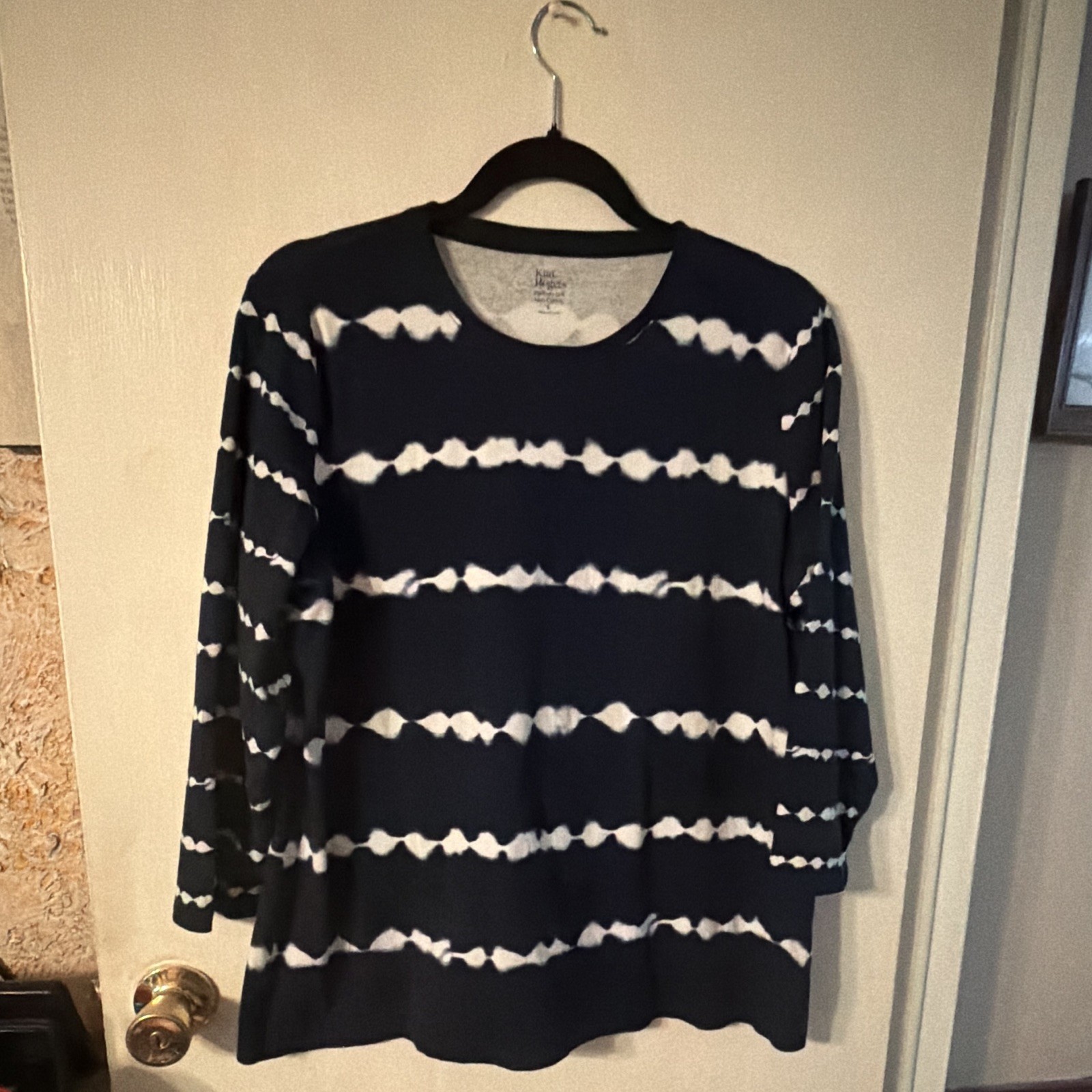 Kim Rogers 100% Cotton Navy/White Striped 3/4 Sleeve Crewneck Ruffle Top L