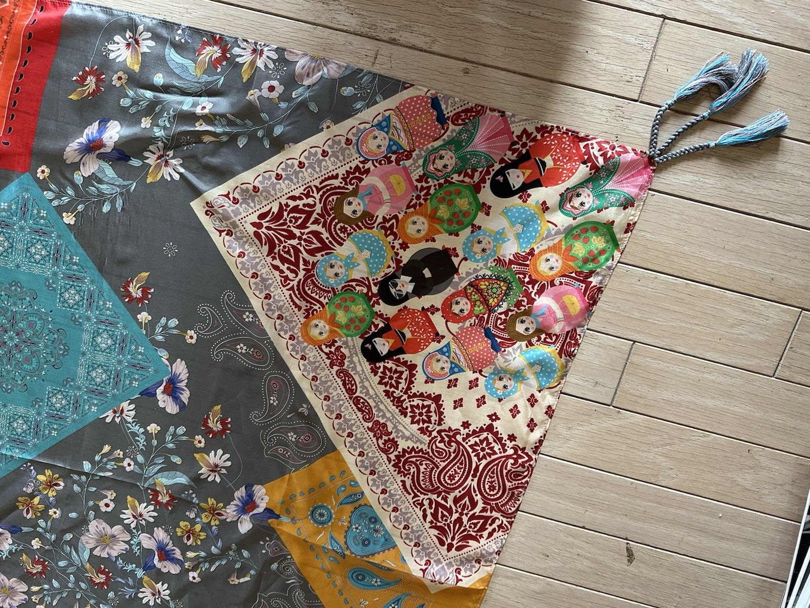 Johnny Was Silk Scarf RARE Floral Patchwork Nesting Dolls Print Tassels 42″x42″