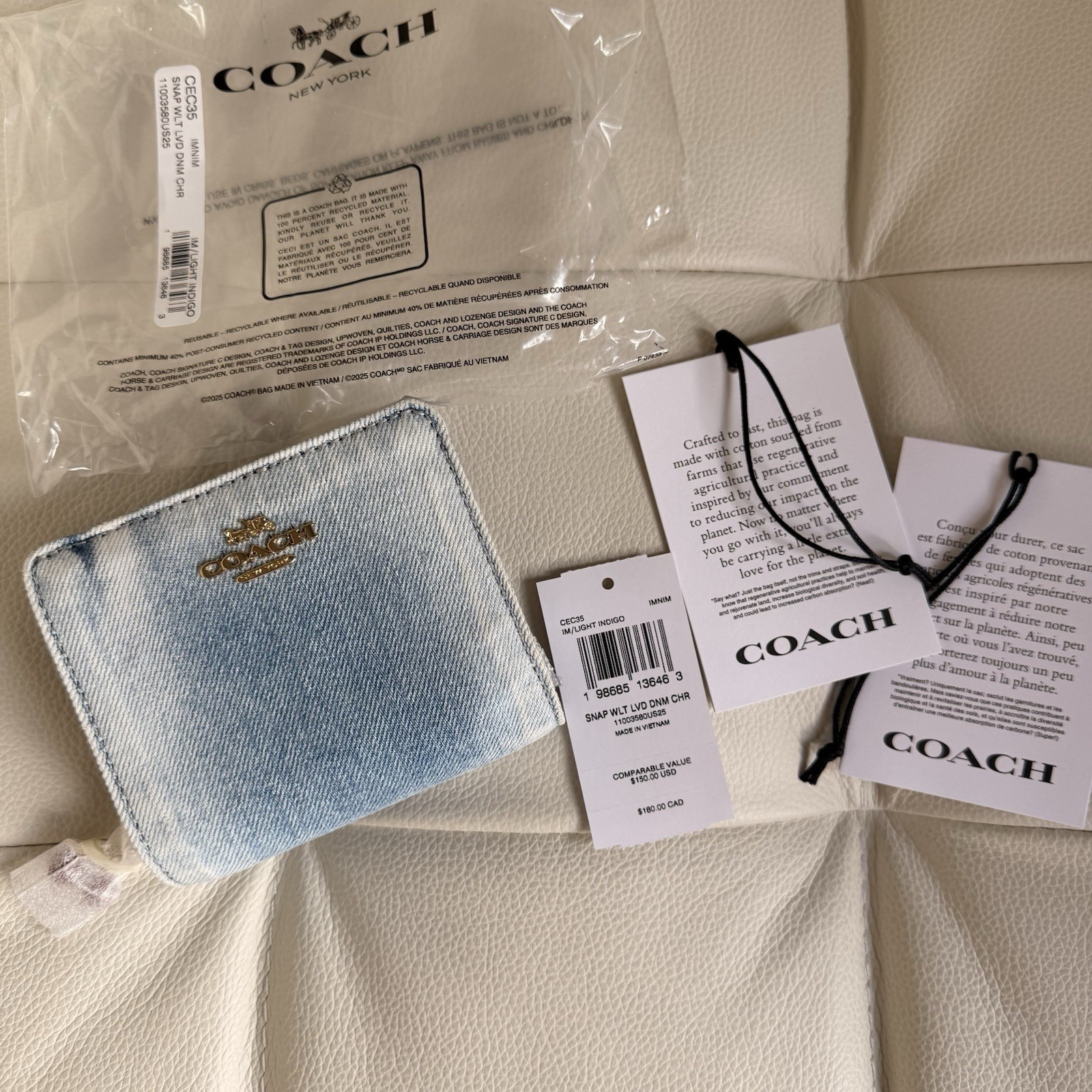 🍒 COACH Snap Wallet In Loved Denim With CHERRIES Charm CEC35 Gold/Light Indigo