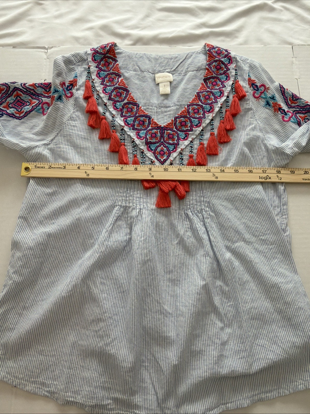 Chico’s blue embroidered beaded tasseled pesant tunic boho blue blouse size 8-10