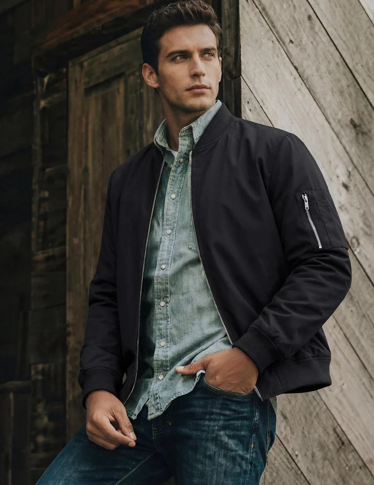 Men’s Spring Fall Thin Bomber Jacket Full-Zip Sportswear Lightweight Casual Coat